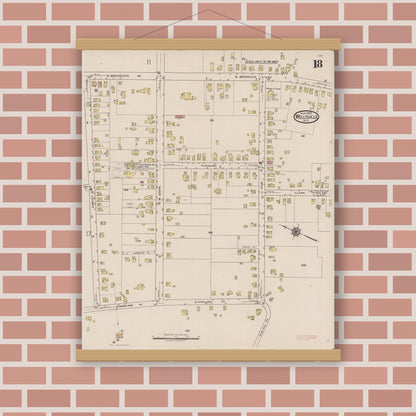 Old map wall art mockup — magnetic wood frame on brick wall — Sanborn Fire Insurance Map from Wellsville, Allegany County, New York (1922), Sheet #0018