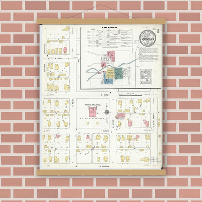 Old map wall art mockup — magnetic wood frame on brick wall — Sanborn Fire Insurance Map from Versailles, Darke County, Ohio (1911), Sheet #0001