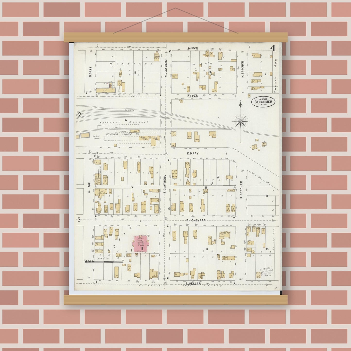Old map wall art mockup — magnetic wood frame on brick wall — Sanborn Fire Insurance Map from Bessemer, Gogebic County, Michigan (1898), Sheet #0004