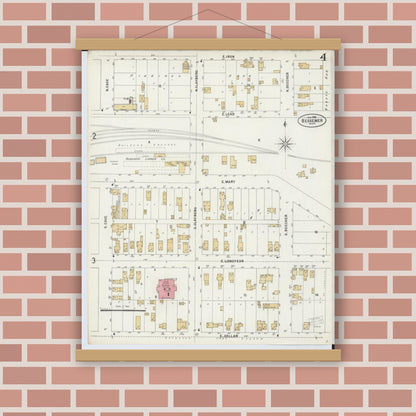 Old map wall art mockup — magnetic wood frame on brick wall — Sanborn Fire Insurance Map from Bessemer, Gogebic County, Michigan (1898), Sheet #0004