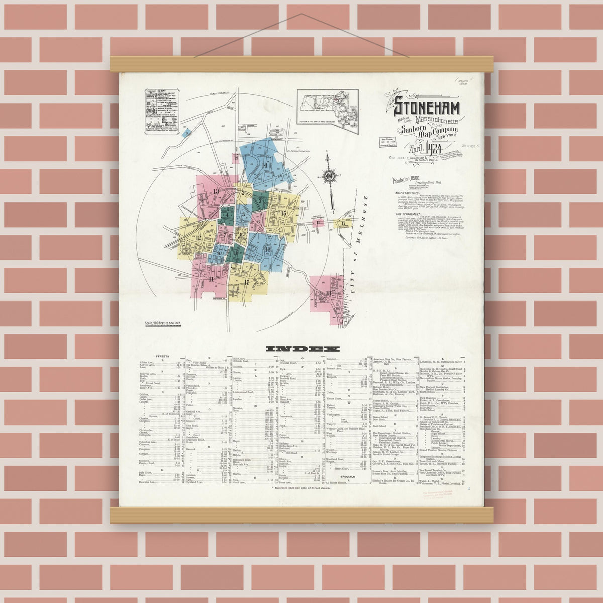 Old map wall art mockup — magnetic wood frame on brick wall — Sanborn Fire Insurance Map from Stoneham, Middlesex County, Massachusetts (1916), Sheet #0015