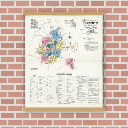 Old map wall art mockup — magnetic wood frame on brick wall — Sanborn Fire Insurance Map from Stoneham, Middlesex County, Massachusetts (1916), Sheet #0015