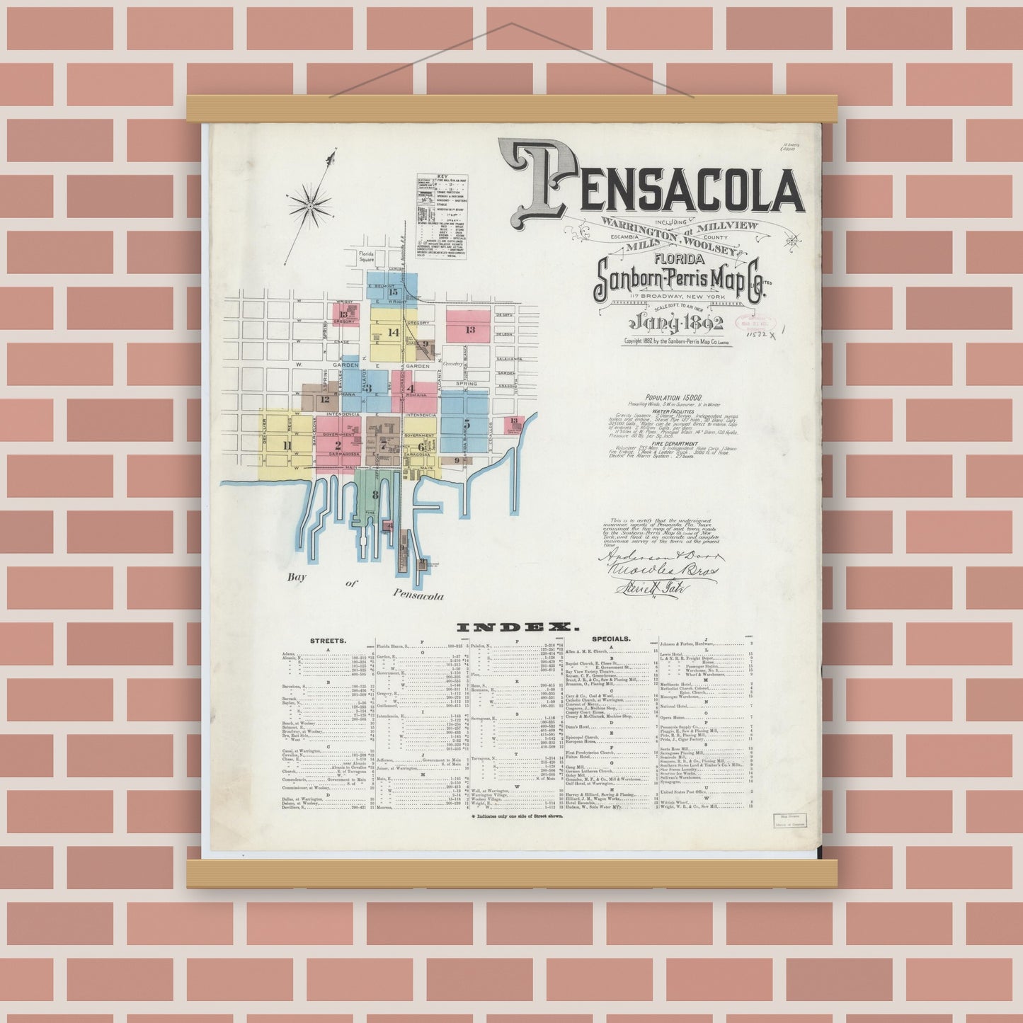 Old map wall art mockup — magnetic wood frame on brick wall — Sanborn Fire Insurance Map from Pensacola, Escambia County, Florida (1892), Sheet #0001
