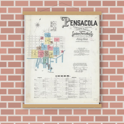 Old map wall art mockup — magnetic wood frame on brick wall — Sanborn Fire Insurance Map from Pensacola, Escambia County, Florida (1892), Sheet #0001