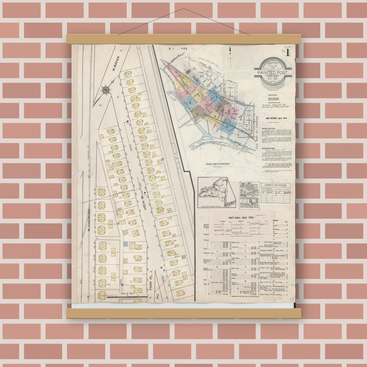 Old map wall art mockup — magnetic wood frame on brick wall — Sanborn Fire Insurance Map from Painted Post, Steuben County, New York (1943) - Complete Map Set