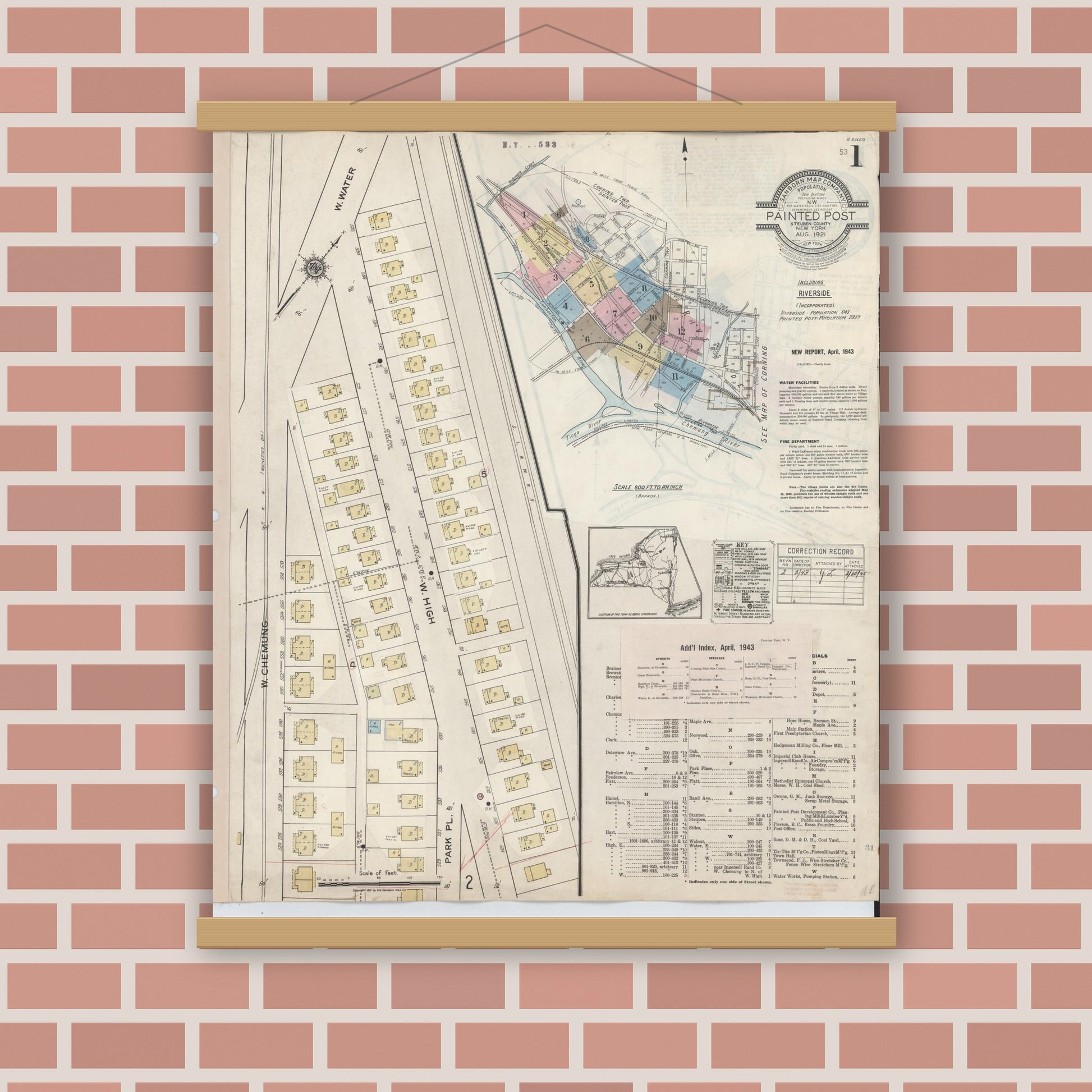 Old map wall art mockup — magnetic wood frame on brick wall — Sanborn Fire Insurance Map from Painted Post, Steuben County, New York (1943) - Complete Map Set