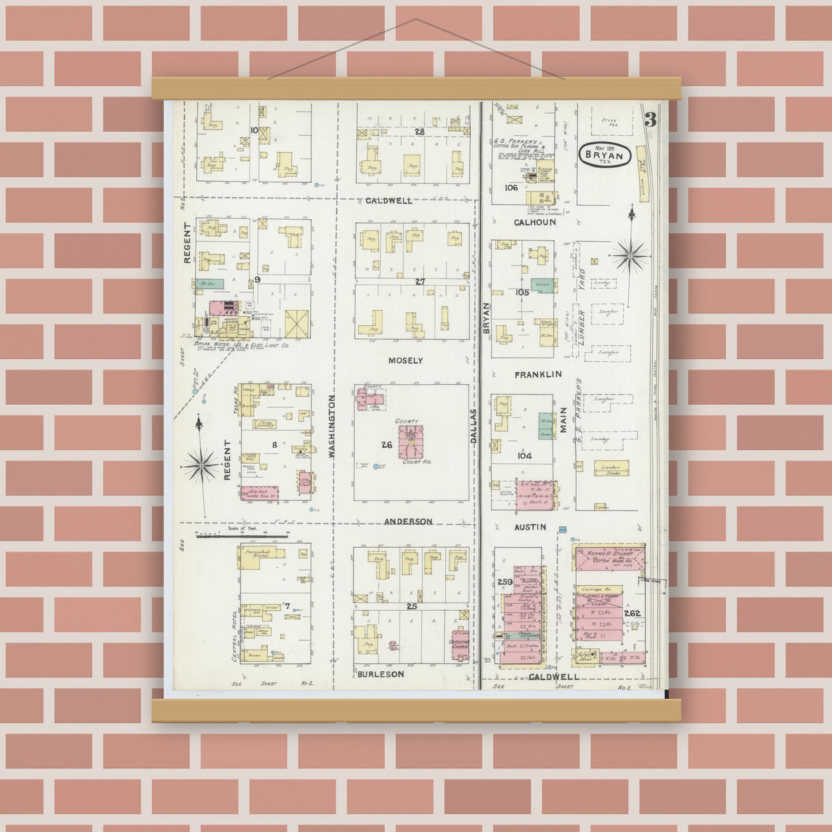 Old map wall art mockup — magnetic wood frame on brick wall — Sanborn Fire Insurance Map from Bryan, Brazos County, Texas (1891), Sheet #0003