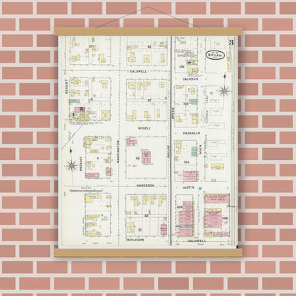 Old map wall art mockup — magnetic wood frame on brick wall — Sanborn Fire Insurance Map from Bryan, Brazos County, Texas (1891), Sheet #0003