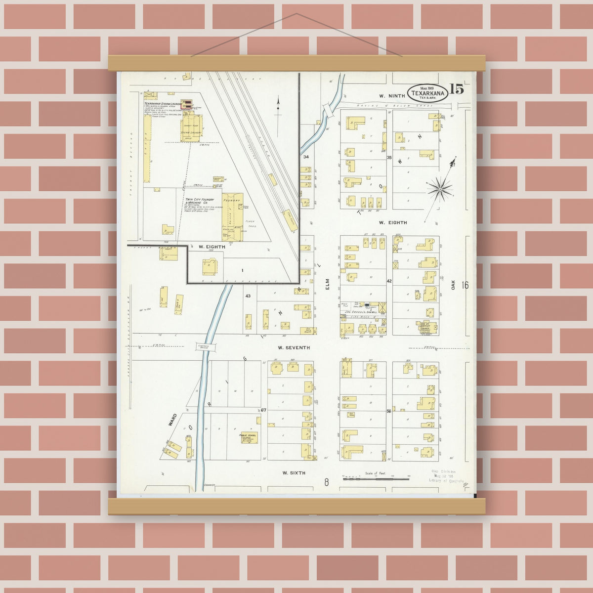 Old map wall art mockup — magnetic wood frame on brick wall — Sanborn Fire Insurance Map from Texarkana, Bowie County, Texas (1909), Sheet #0015