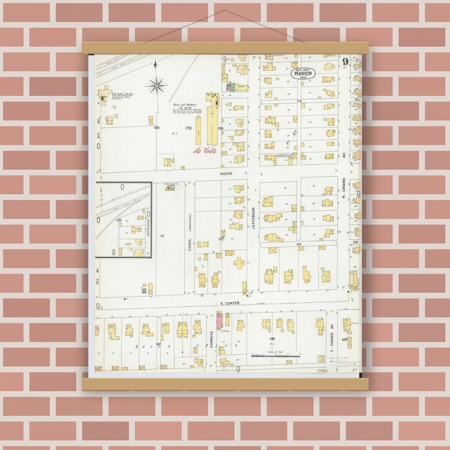 Old map wall art mockup — magnetic wood frame on brick wall — Sanborn Fire Insurance Map from Marion, Marion County, Ohio (1900), Sheet #0009