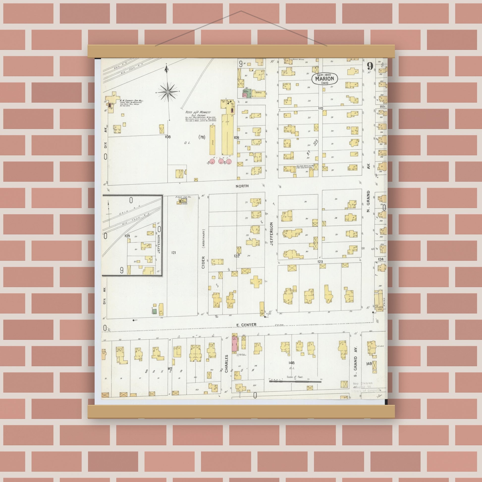 Old map wall art mockup — magnetic wood frame on brick wall — Sanborn Fire Insurance Map from Marion, Marion County, Ohio (1900), Sheet #0009