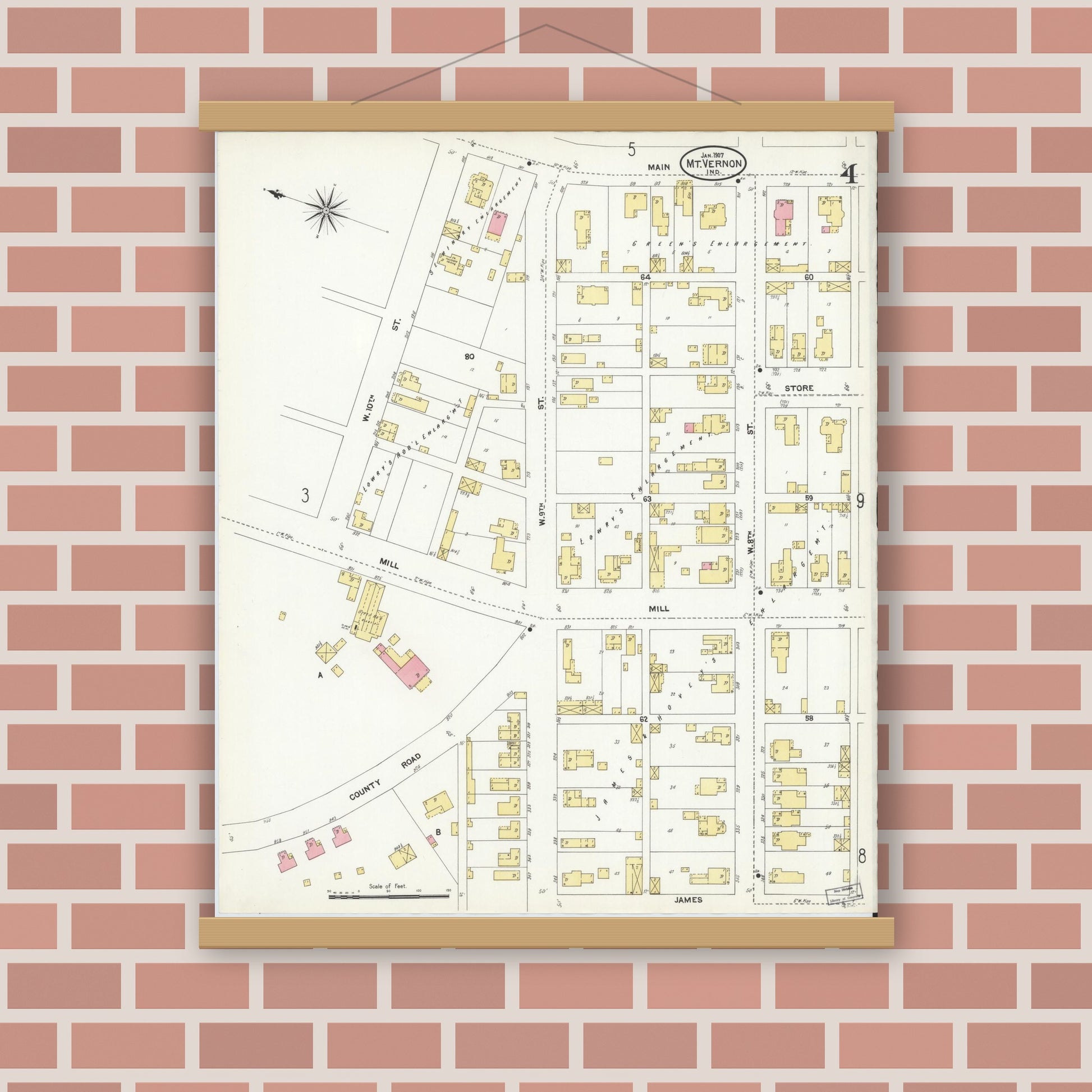 Old map wall art mockup — magnetic wood frame on brick wall — Sanborn Fire Insurance Map from Mount Vernon, Posey County, Indiana (1907), Sheet #0004
