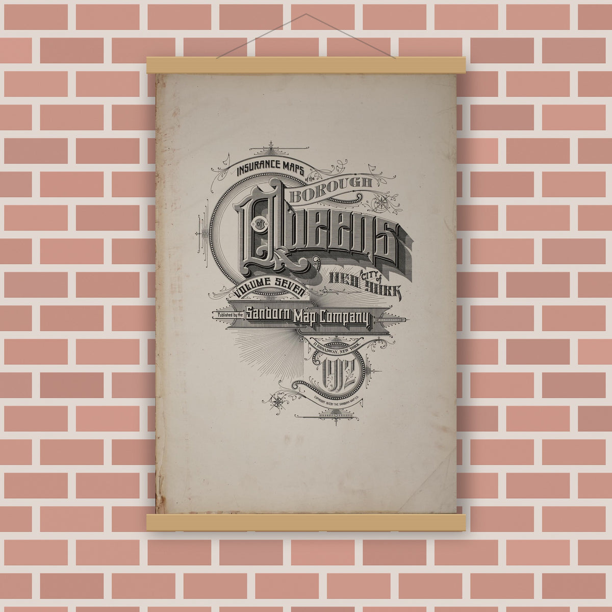 Old map wall art mockup — magnetic wood frame on brick wall — Sanborn Fire Insurance Map from Queens, Queens County, New York (1912), Sheet #0001