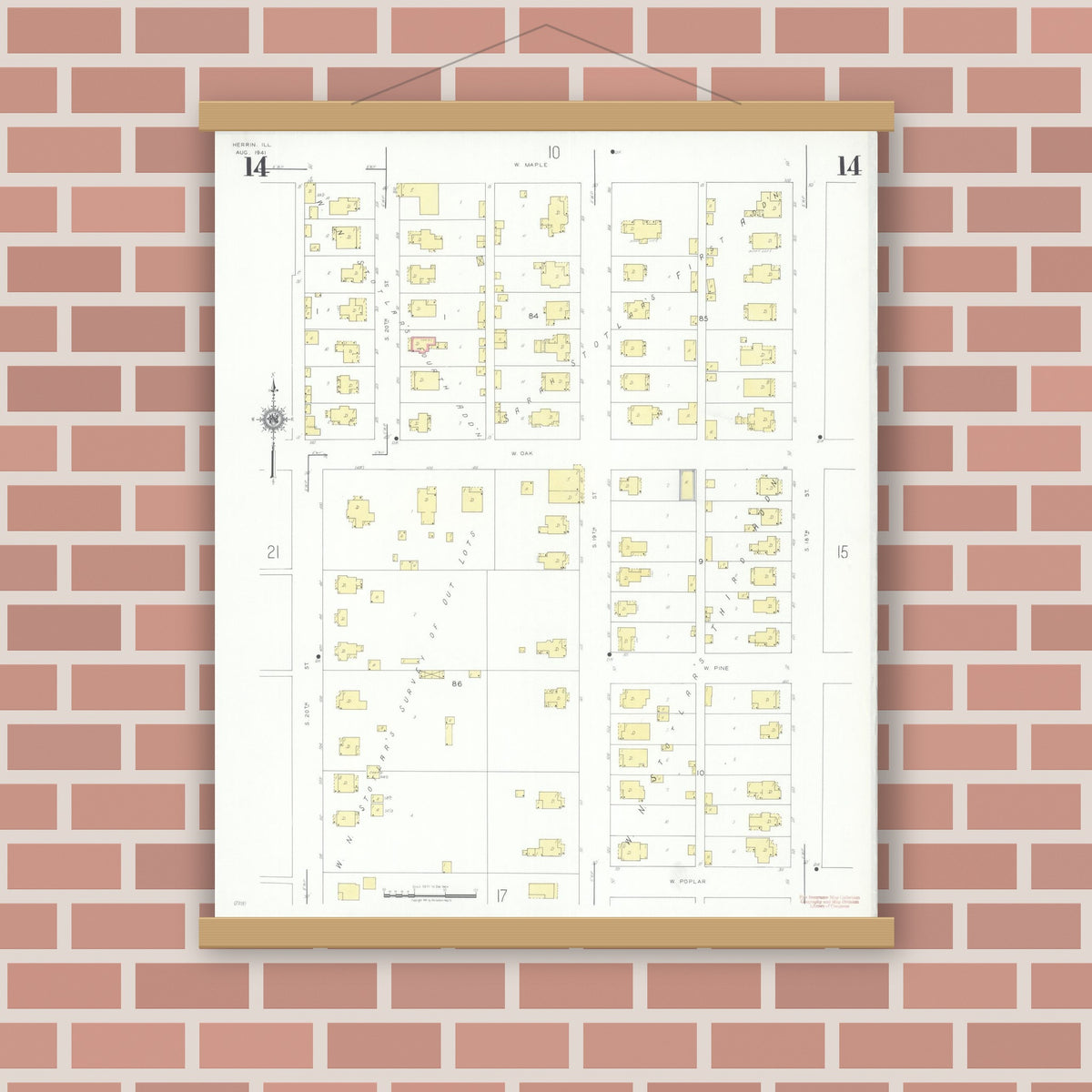 Old map wall art mockup — magnetic wood frame on brick wall — Sanborn Fire Insurance Map from Herrin, Williamson County, Illinois (1941), Sheet #0014