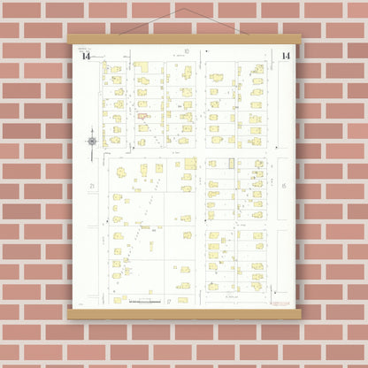 Old map wall art mockup — magnetic wood frame on brick wall — Sanborn Fire Insurance Map from Herrin, Williamson County, Illinois (1941), Sheet #0014