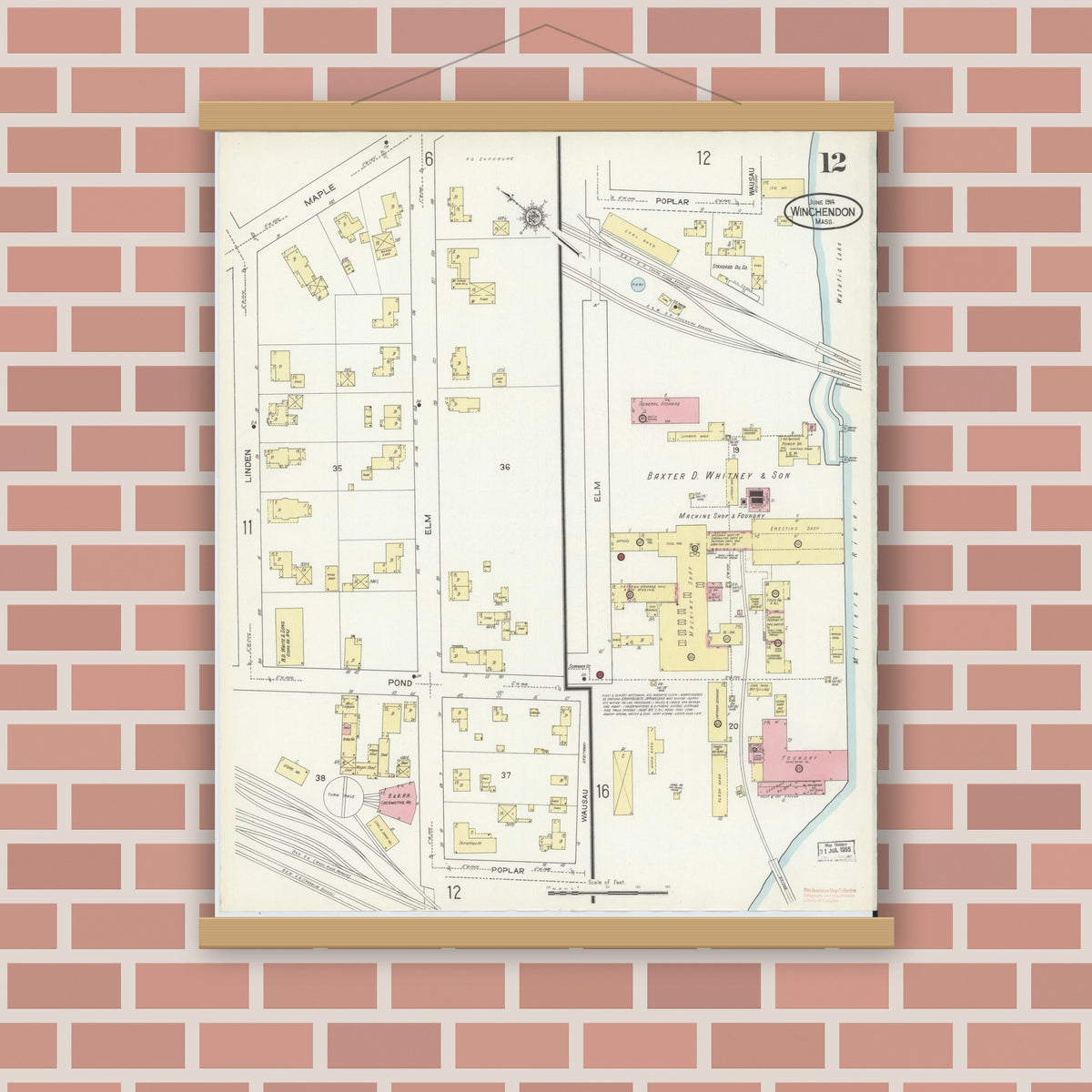 Old map wall art mockup — magnetic wood frame on brick wall — Sanborn Fire Insurance Map from Winchendon, Worcester County, Massachusetts (1914), Sheet #0012