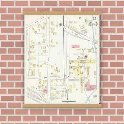 Old map wall art mockup — magnetic wood frame on brick wall — Sanborn Fire Insurance Map from Winchendon, Worcester County, Massachusetts (1914), Sheet #0012