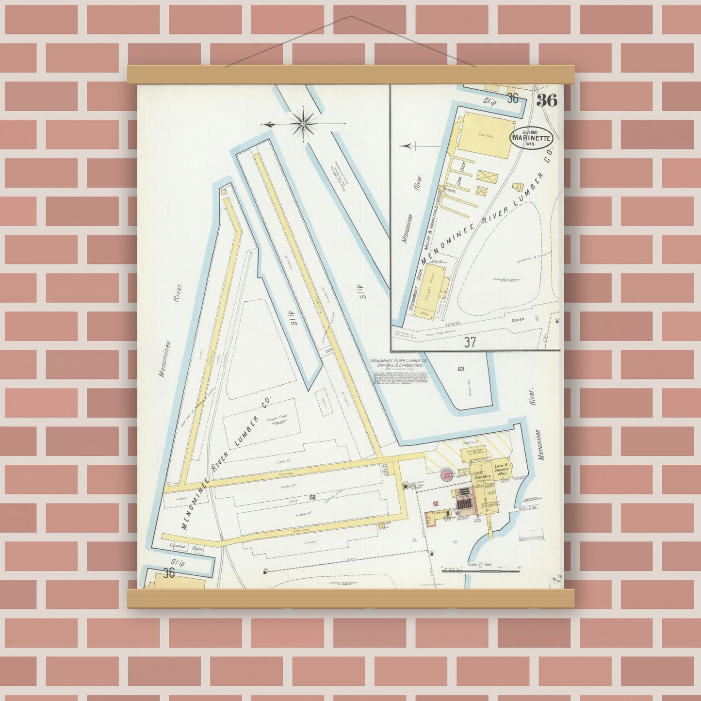 Old map wall art mockup — magnetic wood frame on brick wall — Sanborn Fire Insurance Map from Marinette, Marinette County, Wisconsin (1901), Sheet #0036