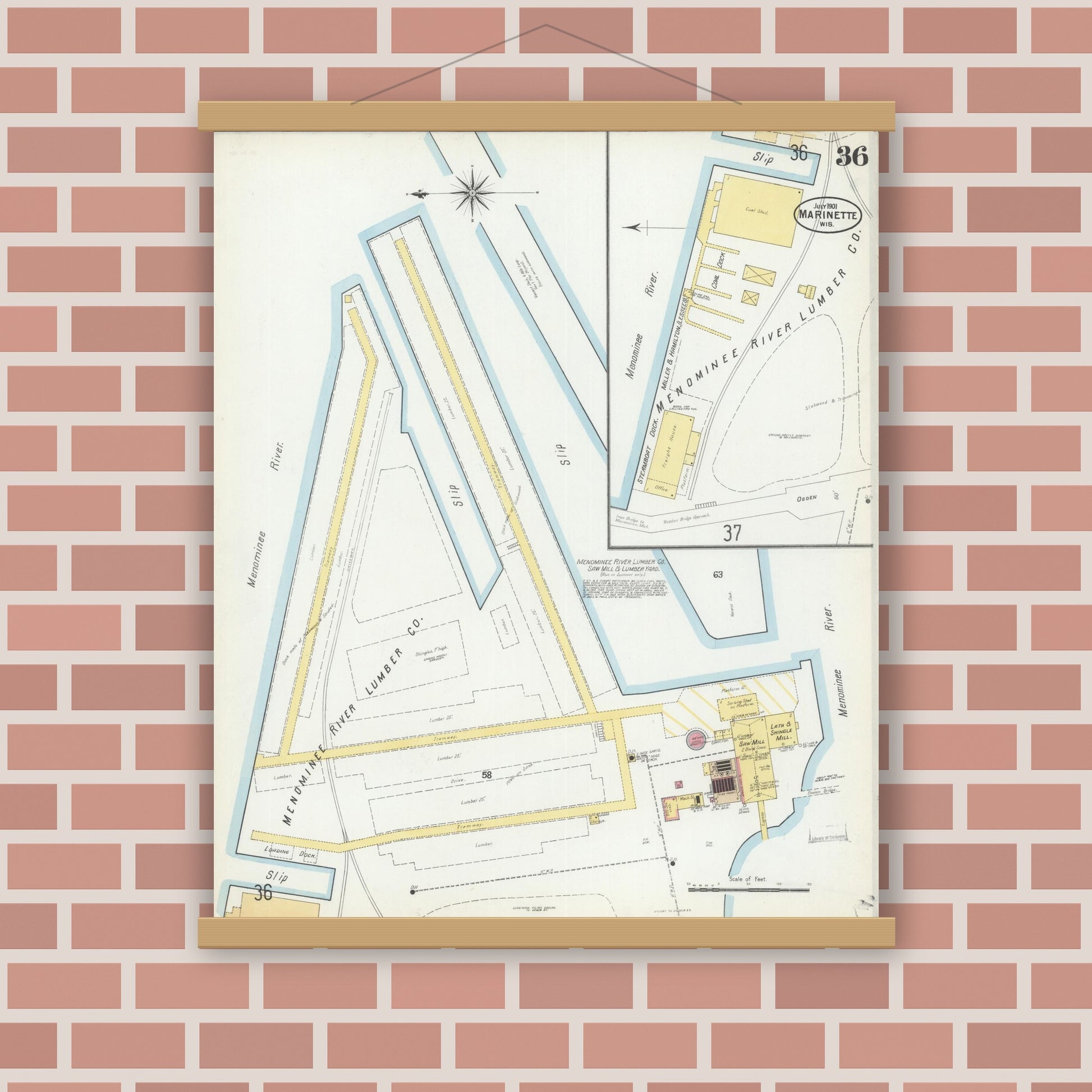 Old map wall art mockup — magnetic wood frame on brick wall — Sanborn Fire Insurance Map from Marinette, Marinette County, Wisconsin (1901), Sheet #0036
