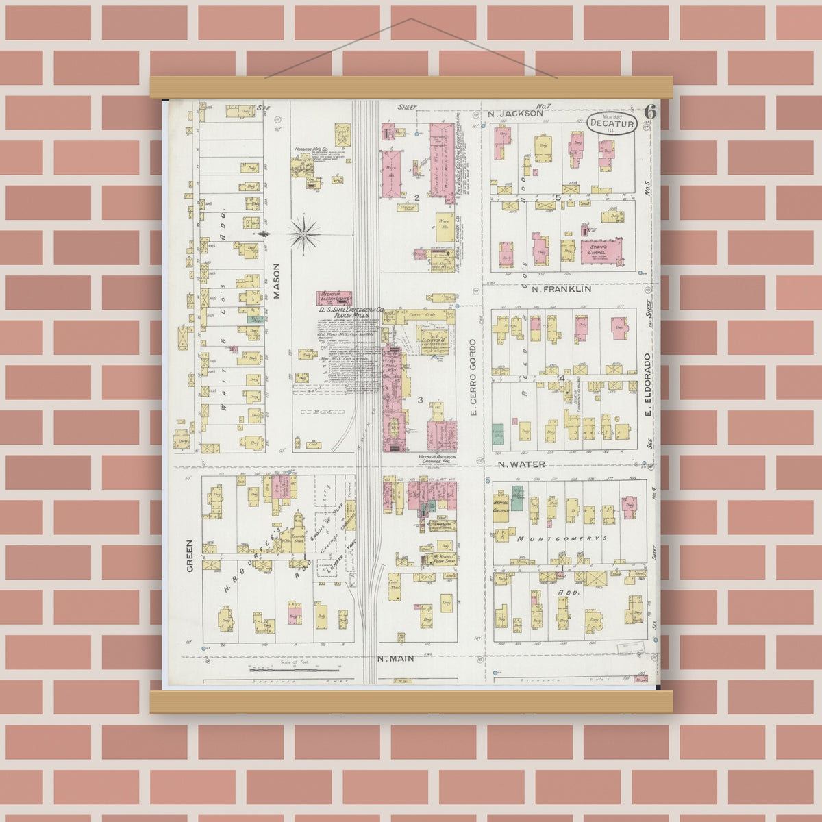 Old map wall art mockup — magnetic wood frame on brick wall — Sanborn Fire Insurance Map from Decatur, Macon County, Illinois (1887), Sheet #0006