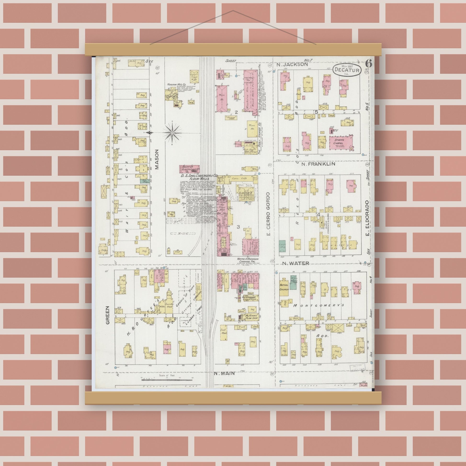 Old map wall art mockup — magnetic wood frame on brick wall — Sanborn Fire Insurance Map from Decatur, Macon County, Illinois (1887), Sheet #0006