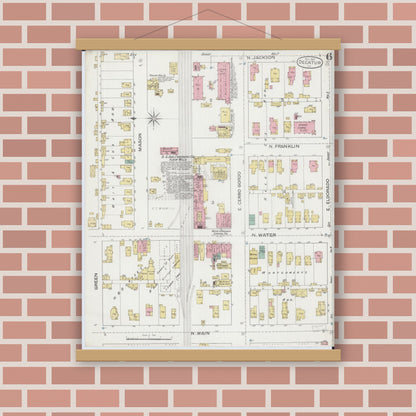 Old map wall art mockup — magnetic wood frame on brick wall — Sanborn Fire Insurance Map from Decatur, Macon County, Illinois (1887), Sheet #0006