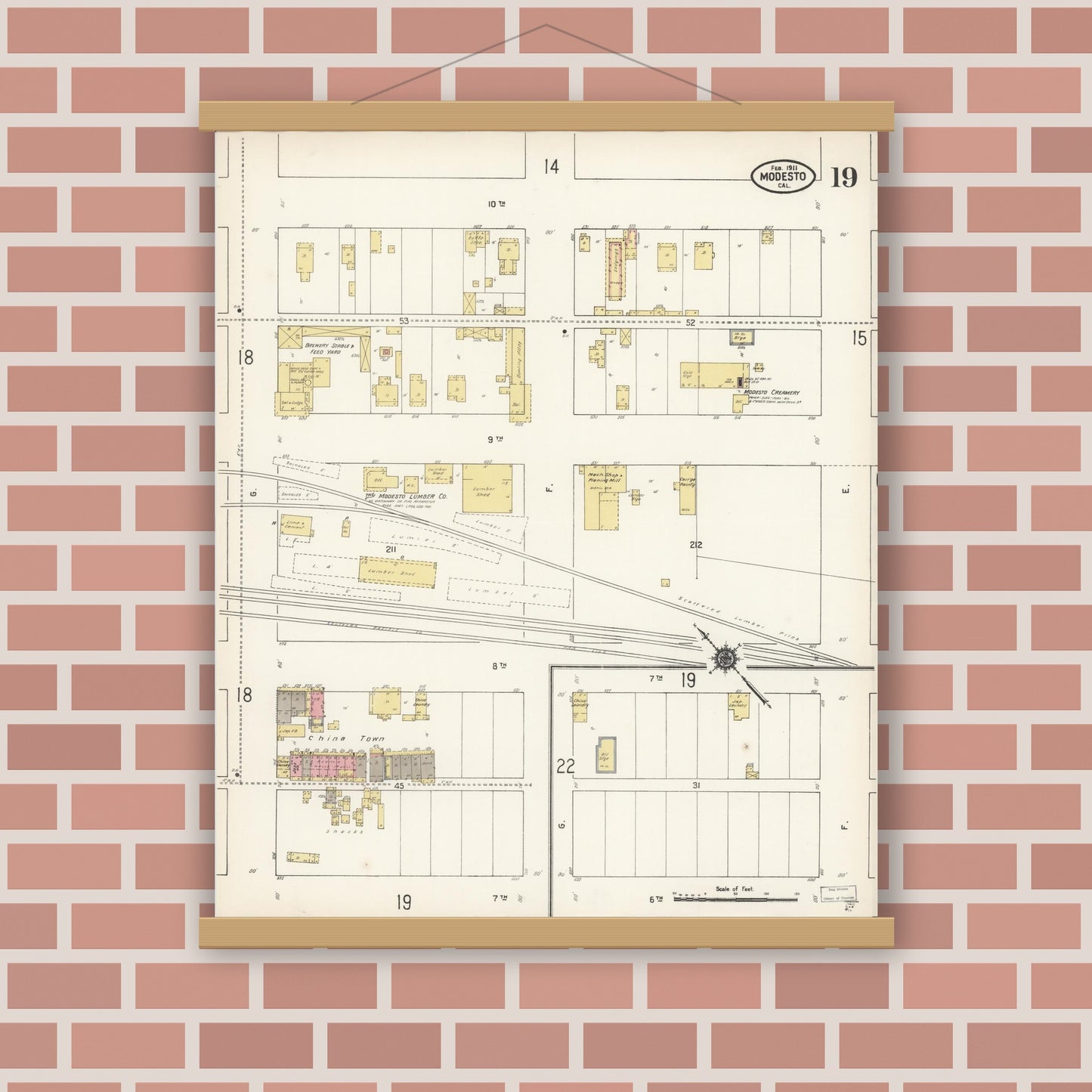 Old map wall art mockup — magnetic wood frame on brick wall — Sanborn Fire Insurance Map from Modesto, Stanislaus County, California (1911), Sheet #0019