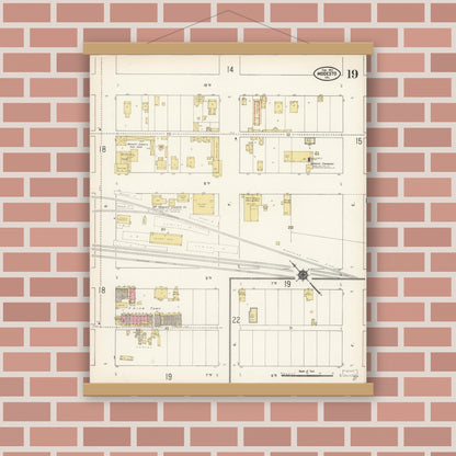 Old map wall art mockup — magnetic wood frame on brick wall — Sanborn Fire Insurance Map from Modesto, Stanislaus County, California (1911), Sheet #0019