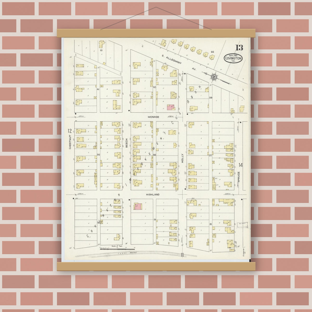 Old map wall art mockup — magnetic wood frame on brick wall — Sanborn Fire Insurance Map from Covington, Independent Cities, Virginia (1913), Sheet #0013