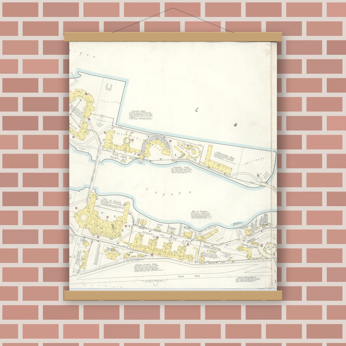 Old map wall art mockup — magnetic wood frame on brick wall — Sanborn Fire Insurance Map from Chicago, Cook County, Illinois (Unknown), Sheet #0002