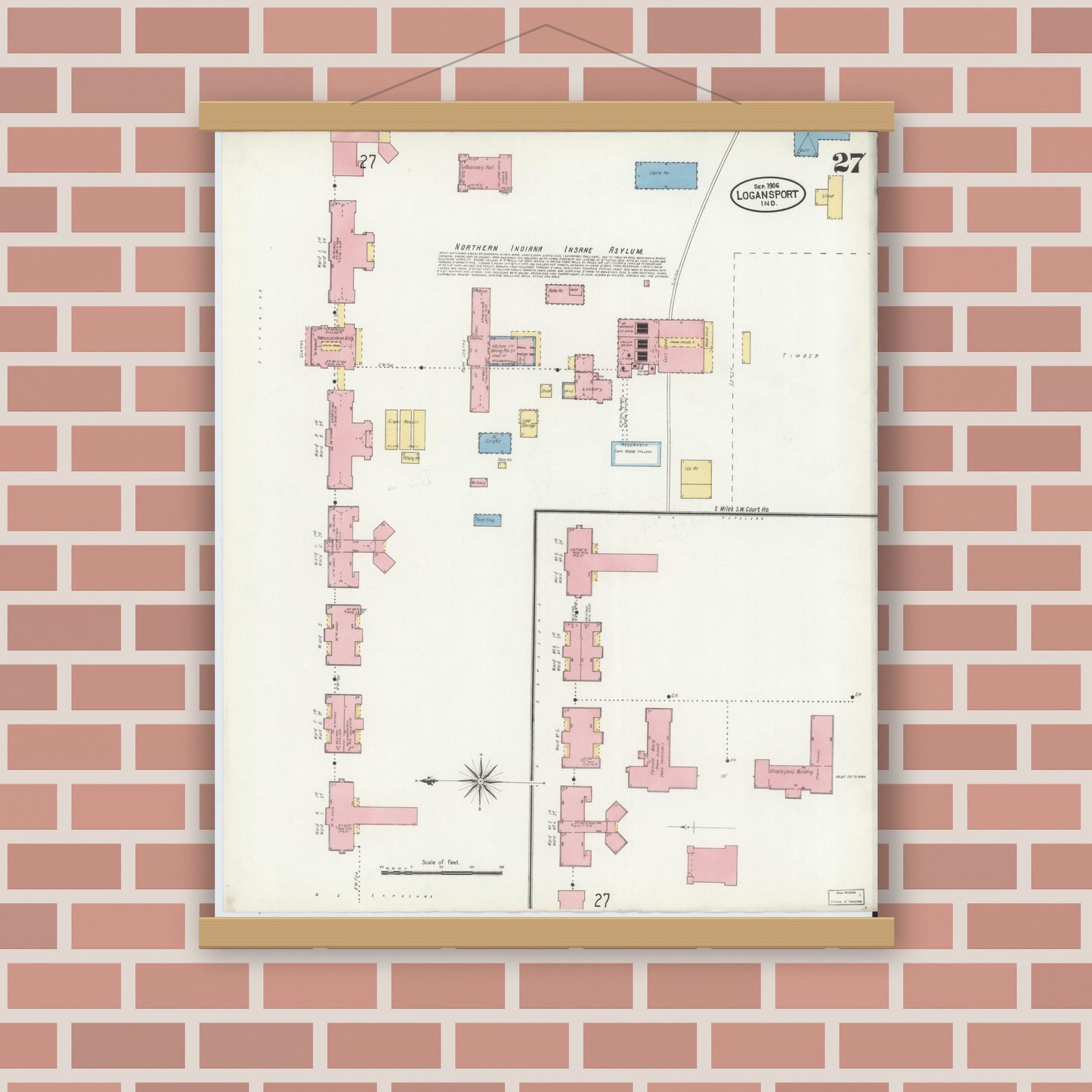 Old map wall art mockup — magnetic wood frame on brick wall — Sanborn Fire Insurance Map from Logansport, Cass County, Indiana (1906), Sheet #0027