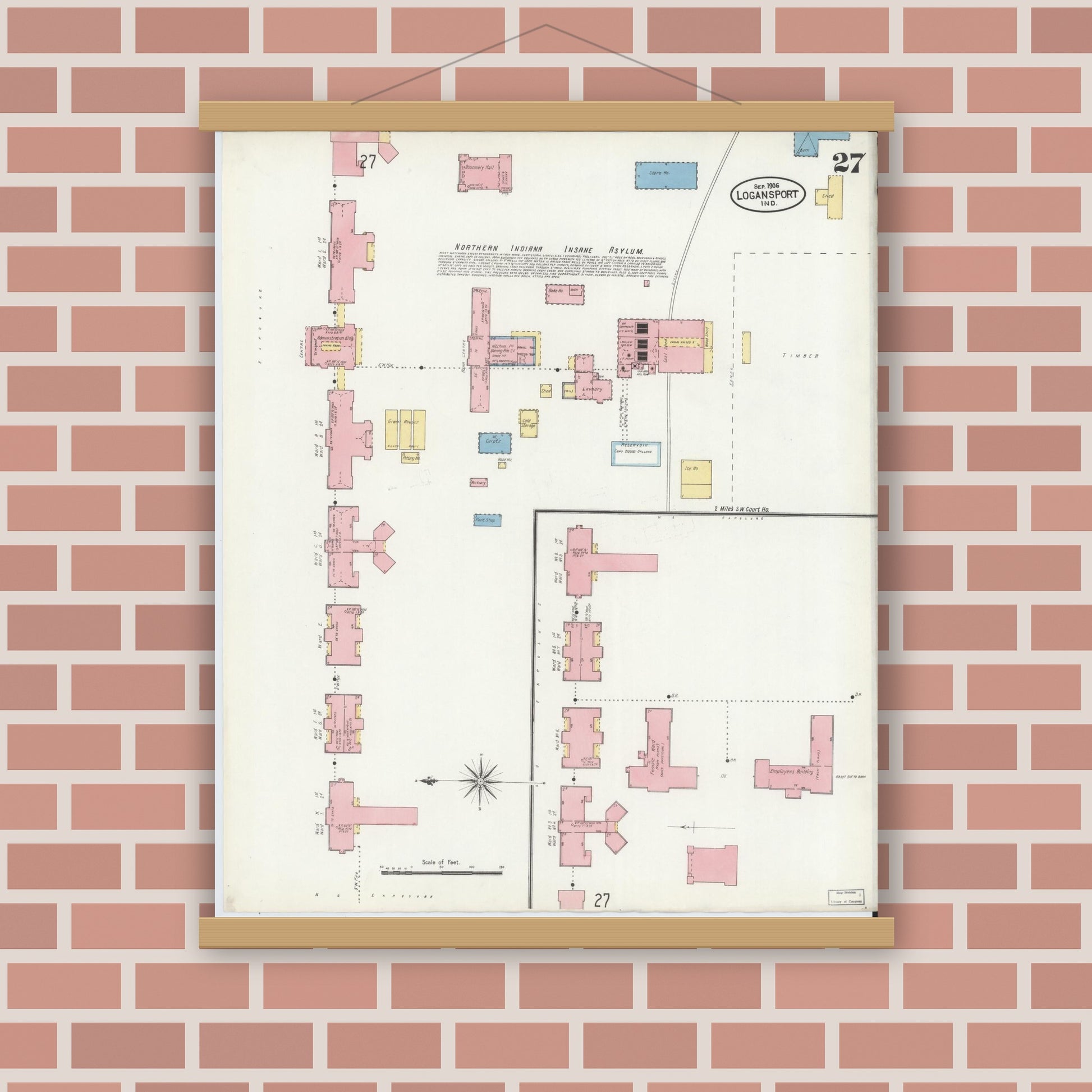 Old map wall art mockup — magnetic wood frame on brick wall — Sanborn Fire Insurance Map from Logansport, Cass County, Indiana (1906), Sheet #0027