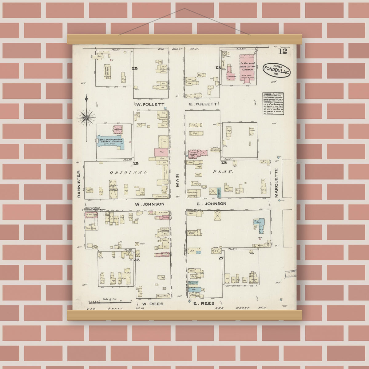 Old map wall art mockup — magnetic wood frame on brick wall — Sanborn Fire Insurance Map from Fond du Lac, Fond du Lac County, Wisconsin (1884), Sheet #0012
