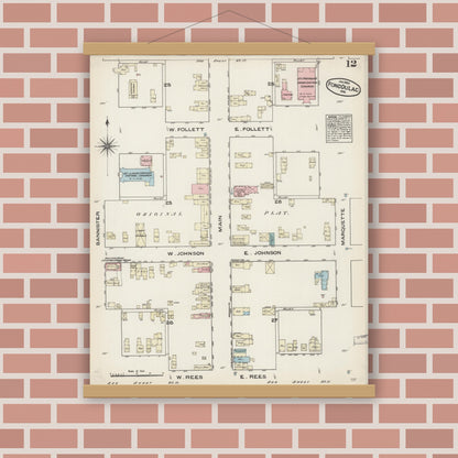 Old map wall art mockup — magnetic wood frame on brick wall — Sanborn Fire Insurance Map from Fond du Lac, Fond du Lac County, Wisconsin (1884), Sheet #0012