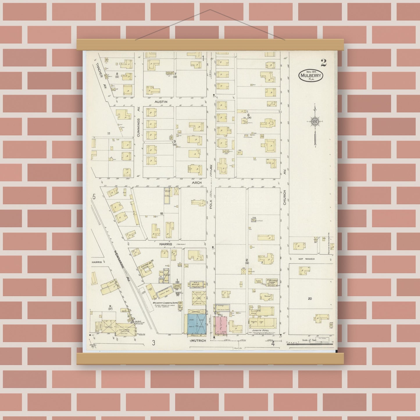 Old map wall art mockup — magnetic wood frame on brick wall — Sanborn Fire Insurance Map from Mulberry, Polk County, Florida (1914), Sheet #0002