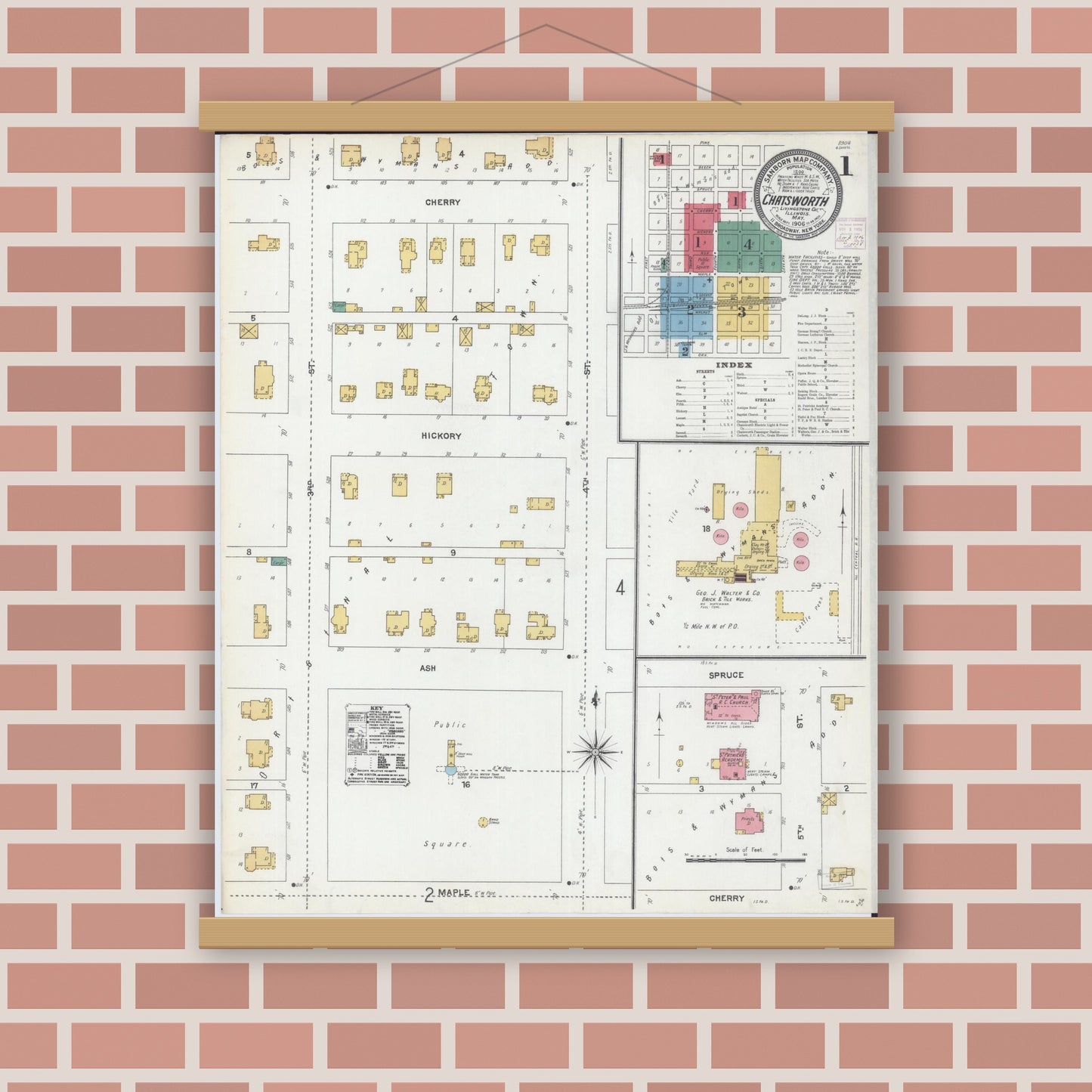 Old map wall art mockup — magnetic wood frame on brick wall — Sanborn Fire Insurance Map from Chatsworth, Livingston County, Illinois (1906) - Complete Map Set
