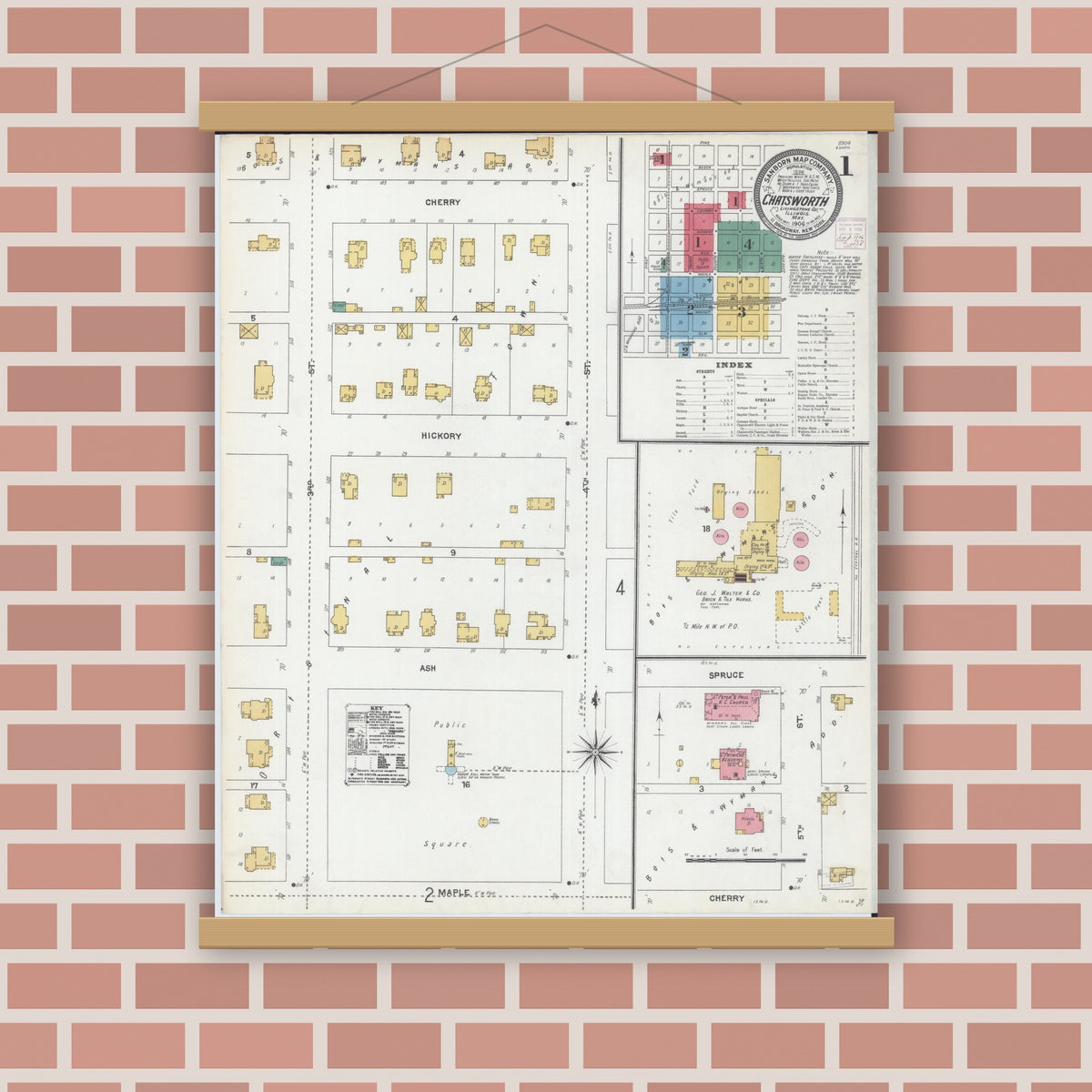 Old map wall art mockup — magnetic wood frame on brick wall — Sanborn Fire Insurance Map from Chatsworth, Livingston County, Illinois (1906) - Complete Map Set