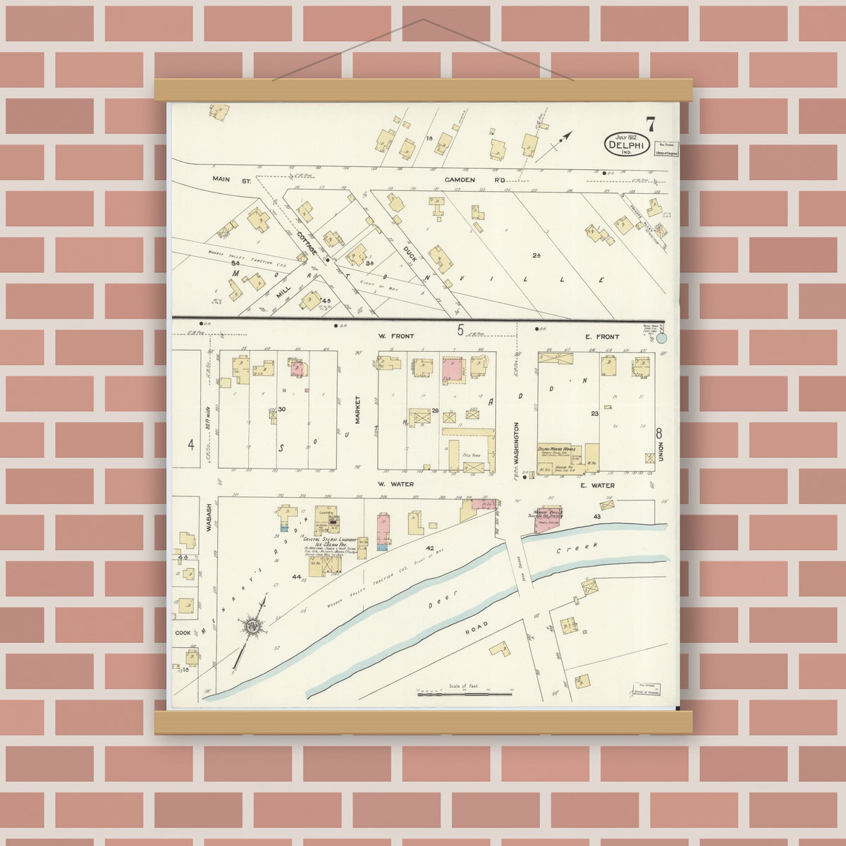 Old map wall art mockup — magnetic wood frame on brick wall — Sanborn Fire Insurance Map from Delphi, Carroll County, Indiana (1912), Sheet #0007
