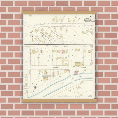 Old map wall art mockup — magnetic wood frame on brick wall — Sanborn Fire Insurance Map from Delphi, Carroll County, Indiana (1912), Sheet #0007
