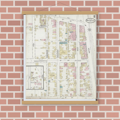 Old map wall art mockup — magnetic wood frame on brick wall — Sanborn Fire Insurance Map from Wellsville, Columbiana County, Ohio (1887), Sheet #0002