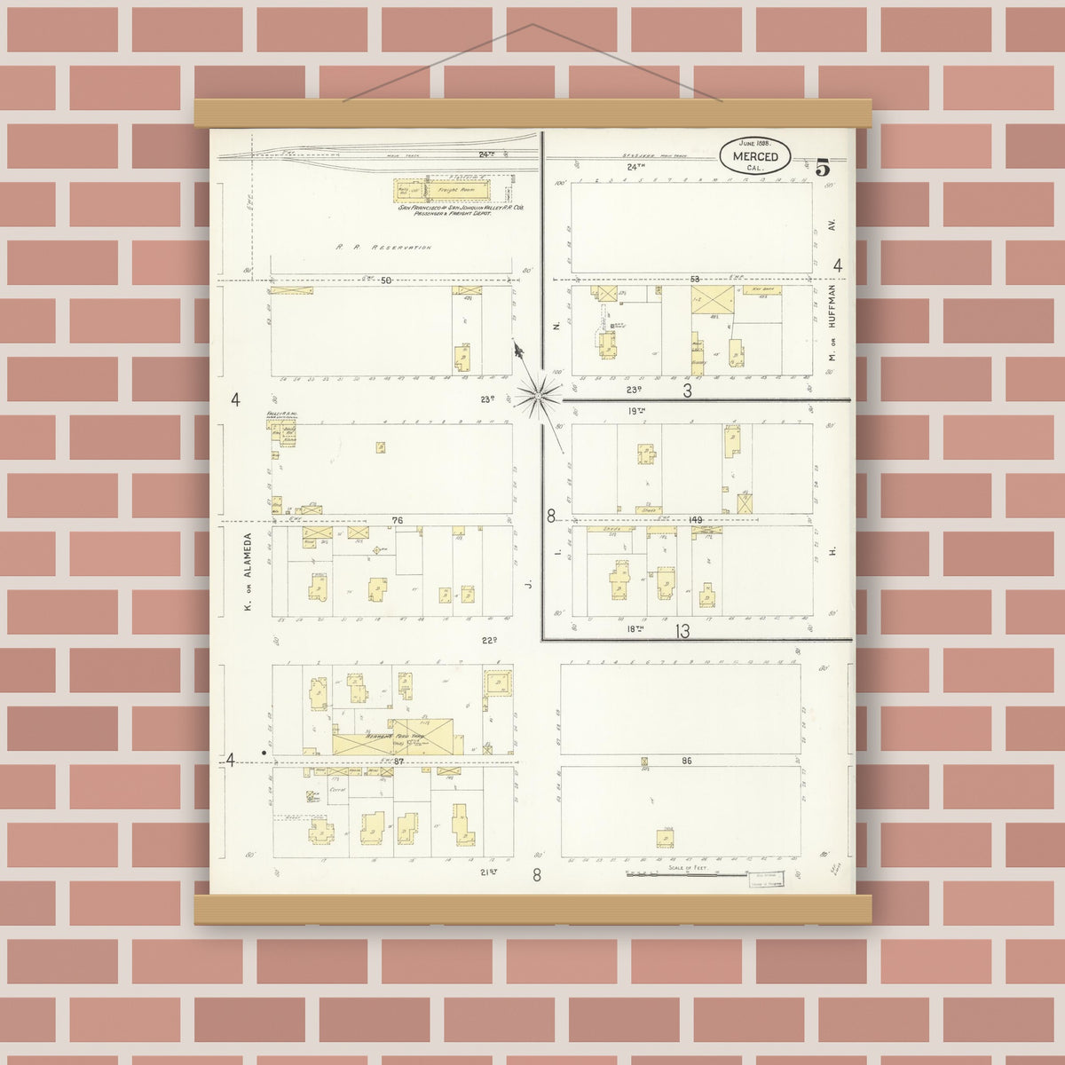Old map wall art mockup — magnetic wood frame on brick wall — Sanborn Fire Insurance Map from Merced, Merced County, California (1898), Sheet #0005