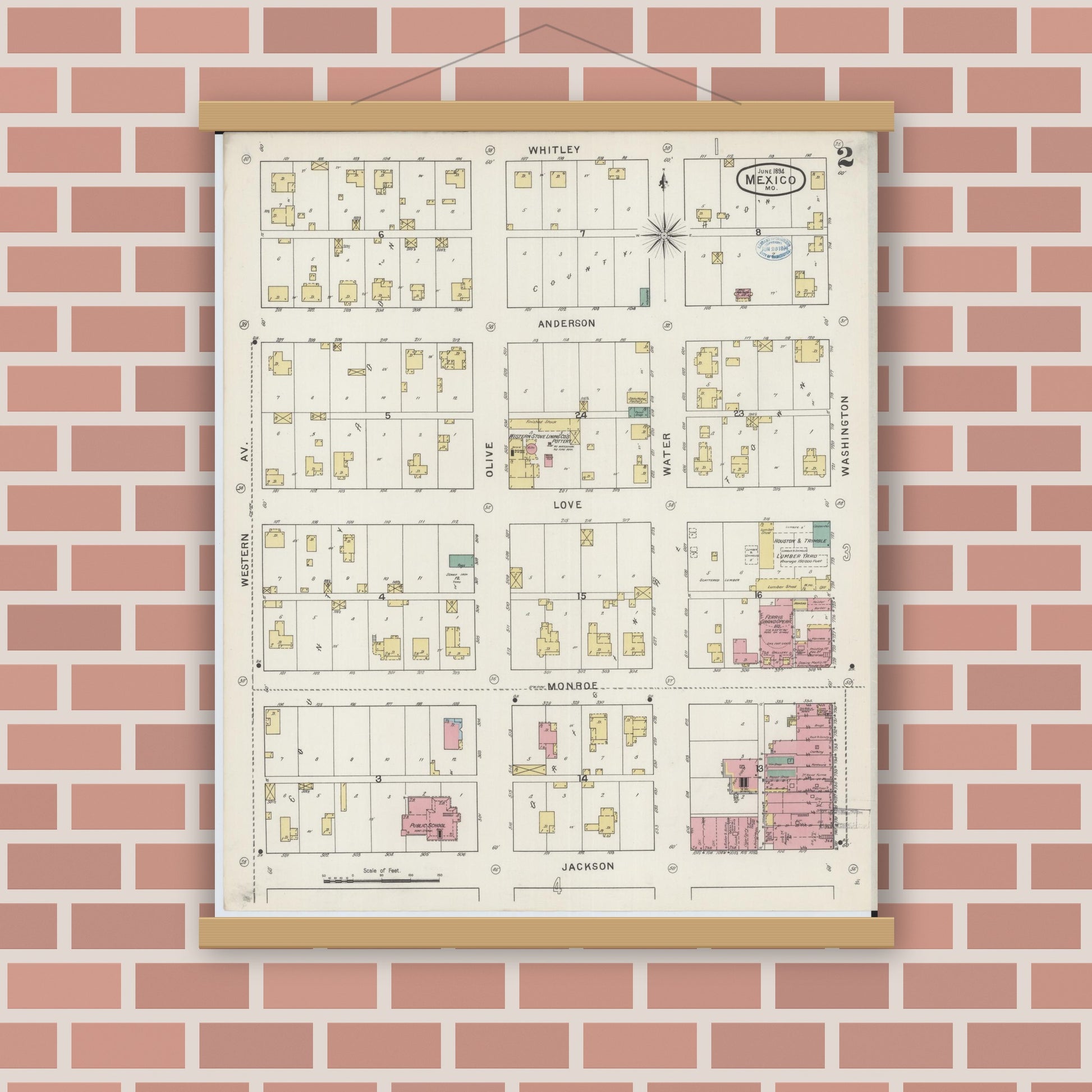 Old map wall art mockup — magnetic wood frame on brick wall — Sanborn Fire Insurance Map from Mexico, Audrain County, Missouri (1894), Sheet #0002