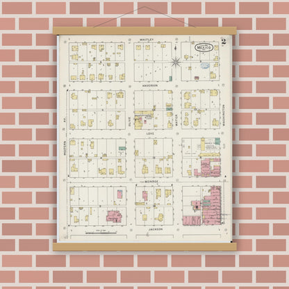 Old map wall art mockup — magnetic wood frame on brick wall — Sanborn Fire Insurance Map from Mexico, Audrain County, Missouri (1894), Sheet #0002