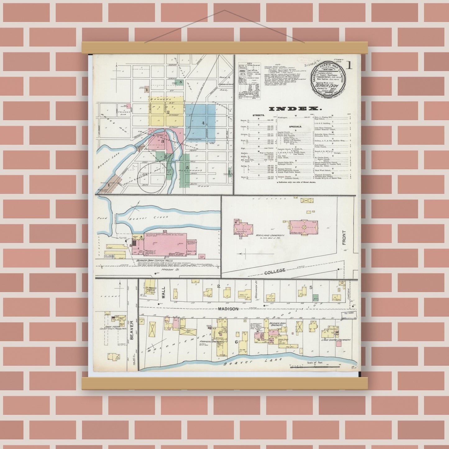 Old map wall art mockup — magnetic wood frame on brick wall — Sanborn Fire Insurance Map from Beaver Dam, Dodge County, Wisconsin (1892) - Complete Map Set