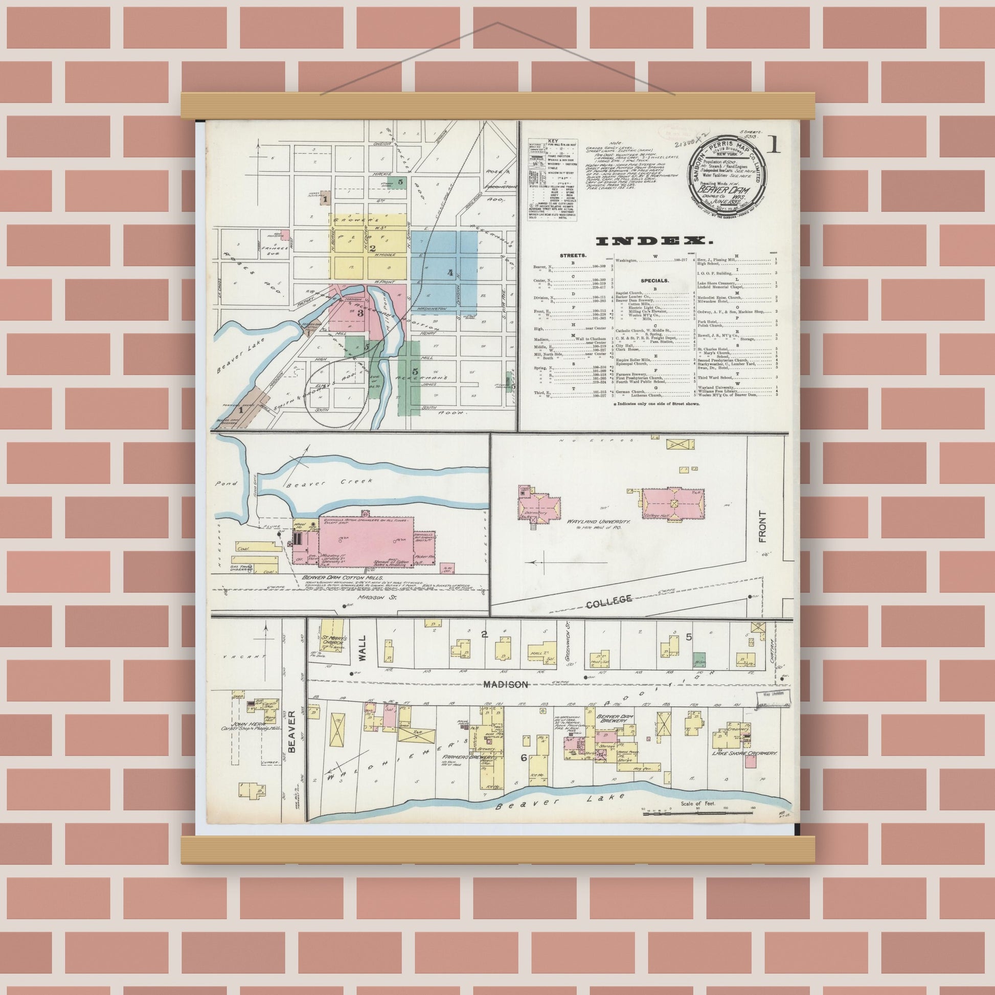 Old map wall art mockup — magnetic wood frame on brick wall — Sanborn Fire Insurance Map from Beaver Dam, Dodge County, Wisconsin (1892) - Complete Map Set