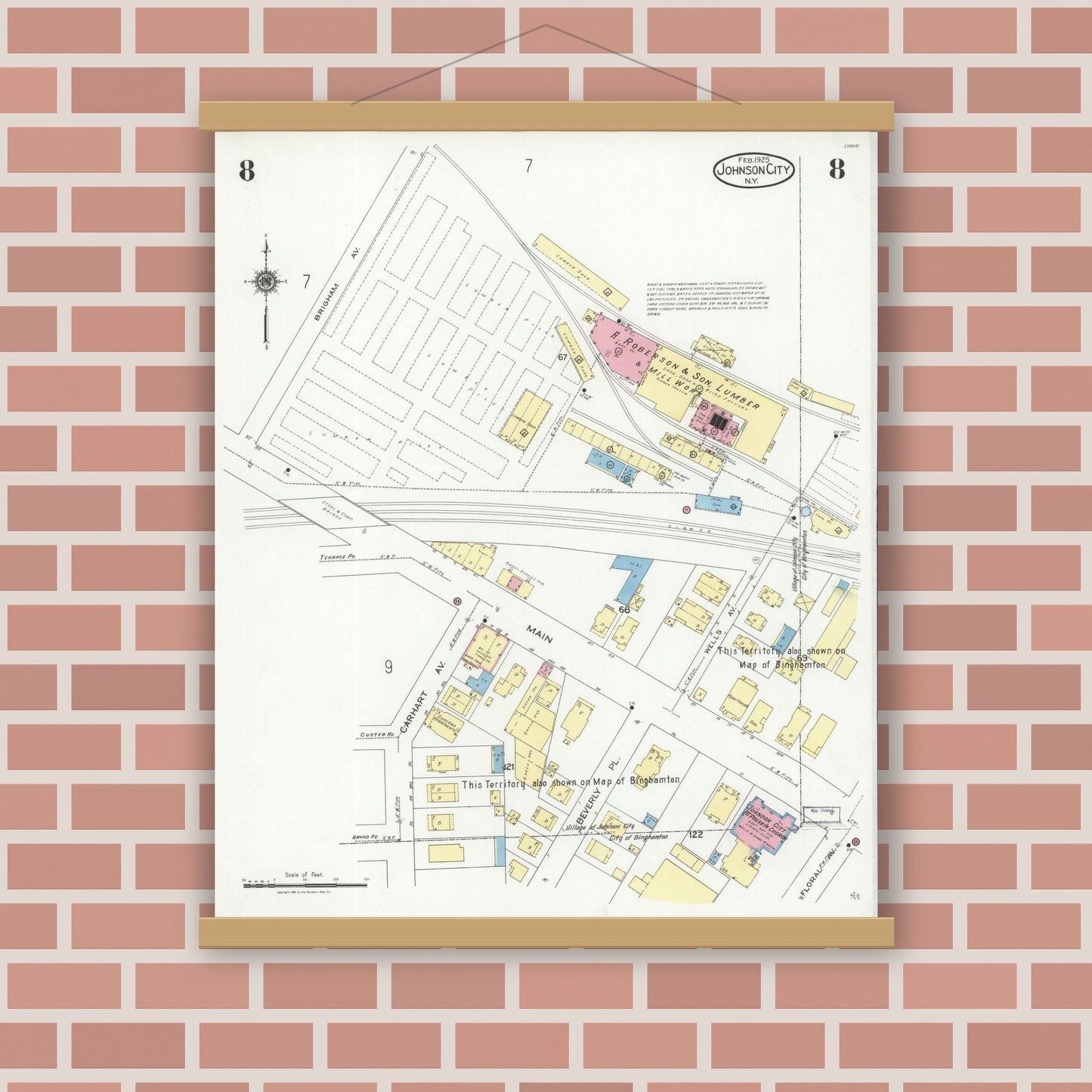 Old map wall art mockup — magnetic wood frame on brick wall — Sanborn Fire Insurance Map from Johnson City, Broome County, New York (1925), Sheet #0008