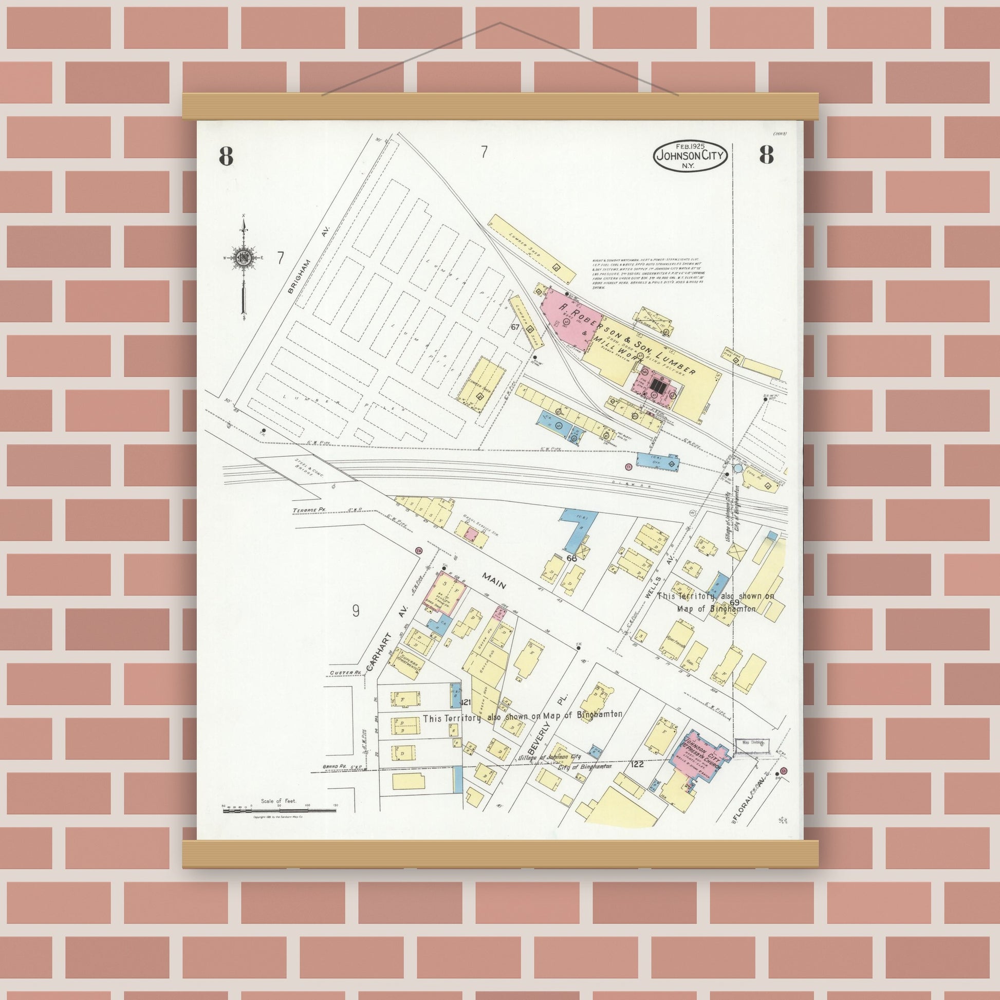 Old map wall art mockup — magnetic wood frame on brick wall — Sanborn Fire Insurance Map from Johnson City, Broome County, New York (1925), Sheet #0008