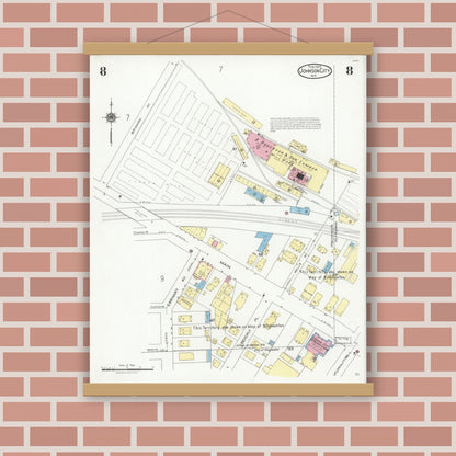 Old map wall art mockup — magnetic wood frame on brick wall — Sanborn Fire Insurance Map from Johnson City, Broome County, New York (1925), Sheet #0008