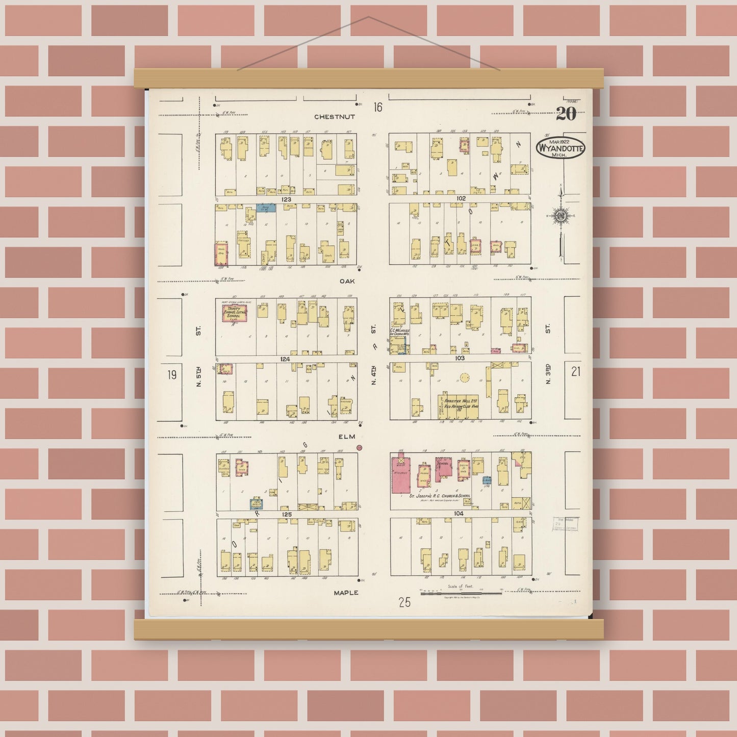 Old map wall art mockup — magnetic wood frame on brick wall — Sanborn Fire Insurance Map from Wyandotte, Wayne County, Michigan (1922), Sheet #0020