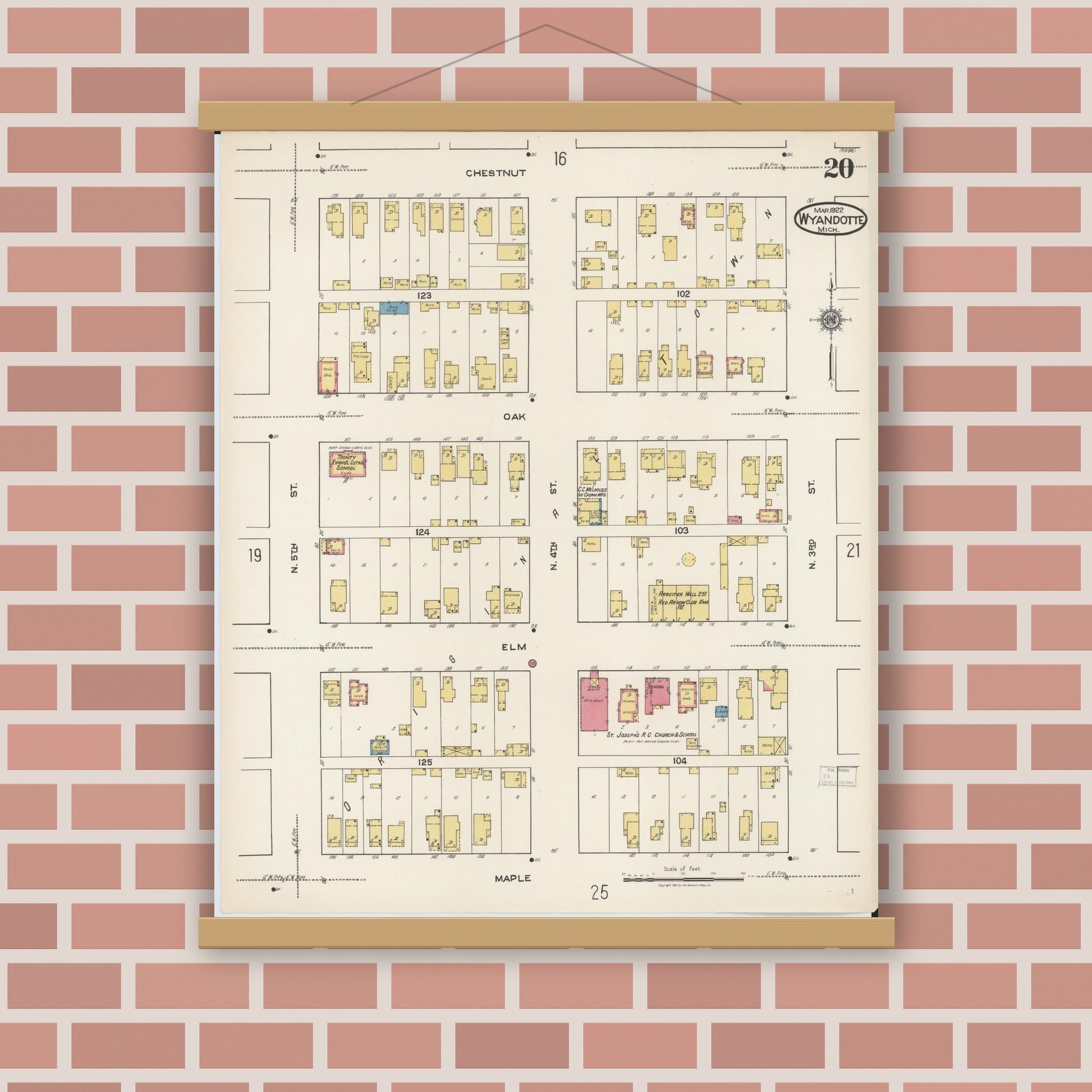 Old map wall art mockup — magnetic wood frame on brick wall — Sanborn Fire Insurance Map from Wyandotte, Wayne County, Michigan (1922), Sheet #0020